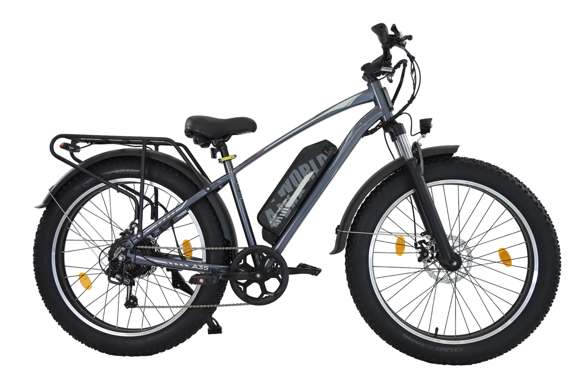 Gray electric bike with visible brand name on a white background