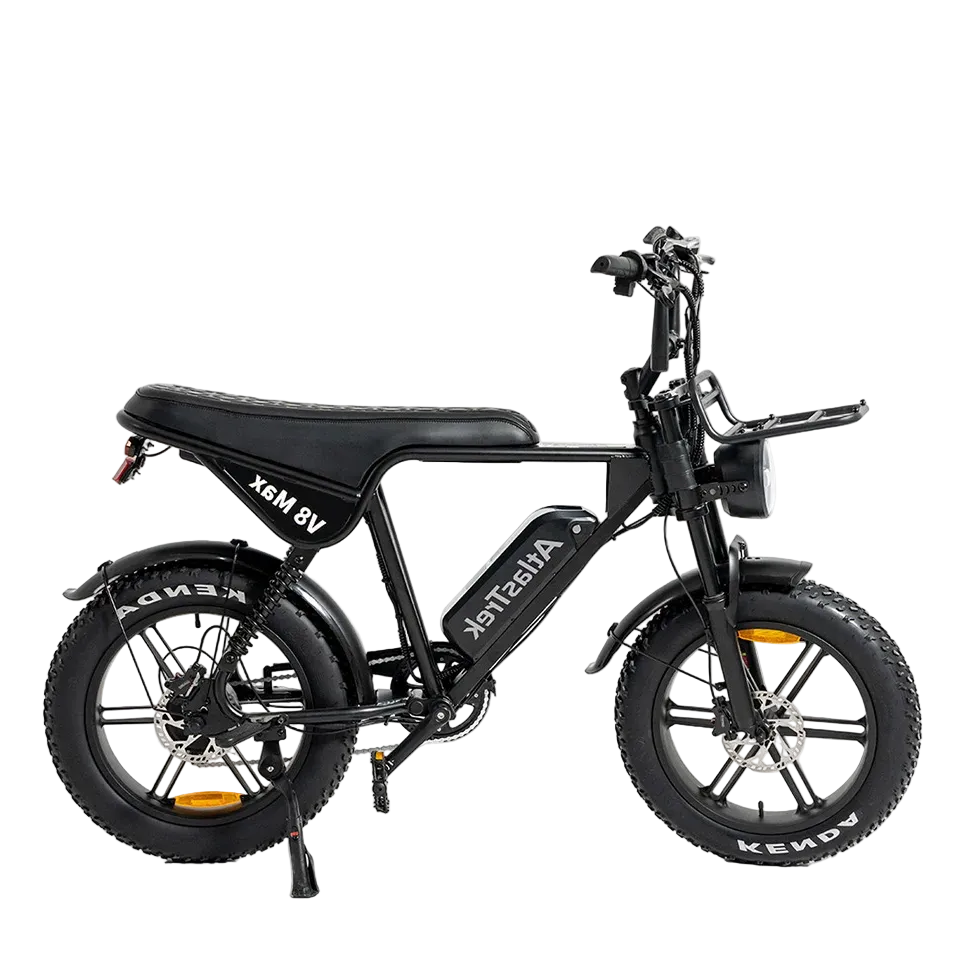 Black electric bike with visible branding on a white background